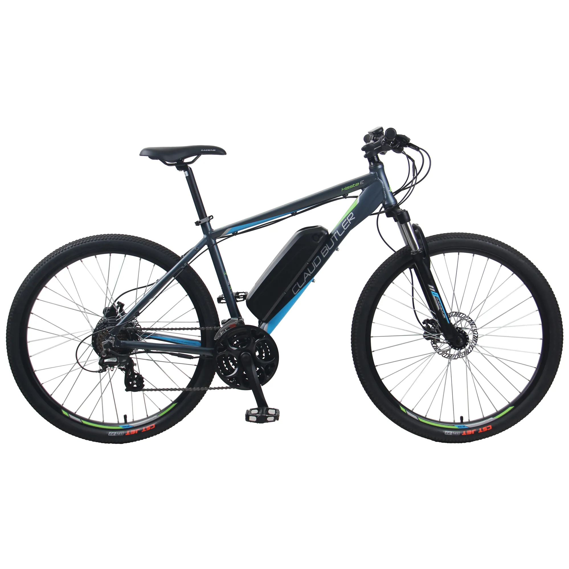 Claud Butler Haste-E 18in Electric Mountain Bike in Grey/Blue/Green