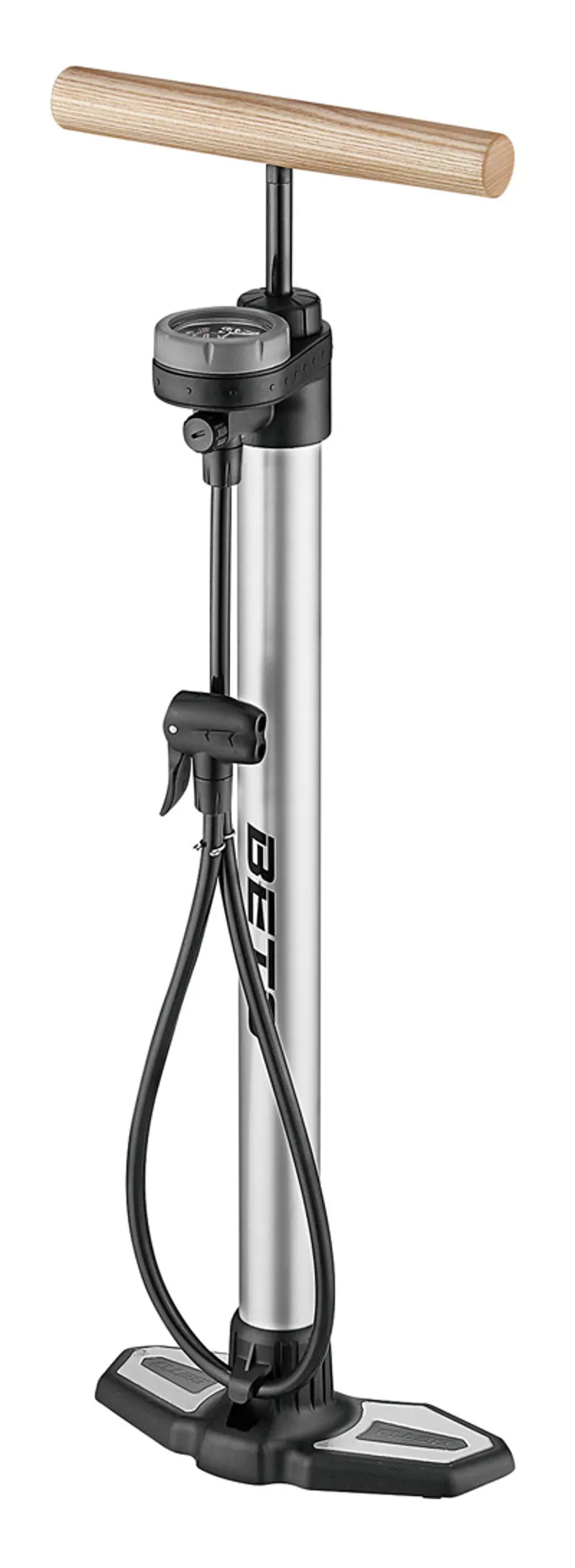 Beto MP-153AGW Alloy Floor Pump With Gauge and Wooden Handle in Silver